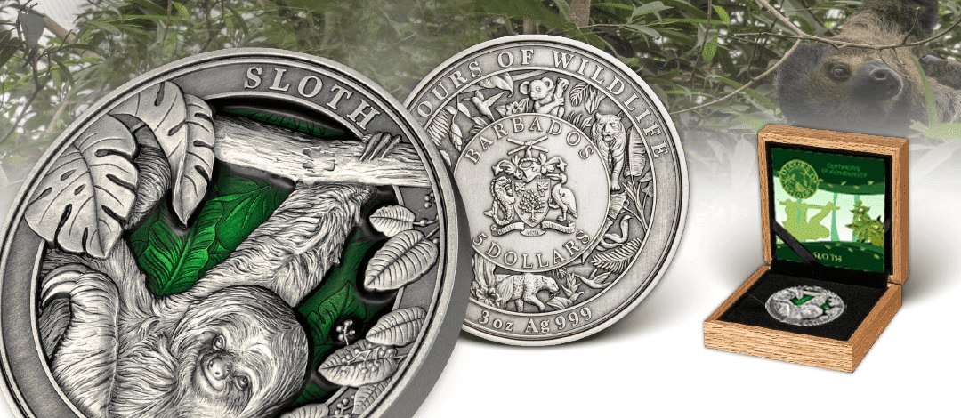 (W022.5.D.2023.3.oz.Ag.5) 5 $ Barbados 2023 3 oz Antique silver - Sloth (blog illustration) (zoom)