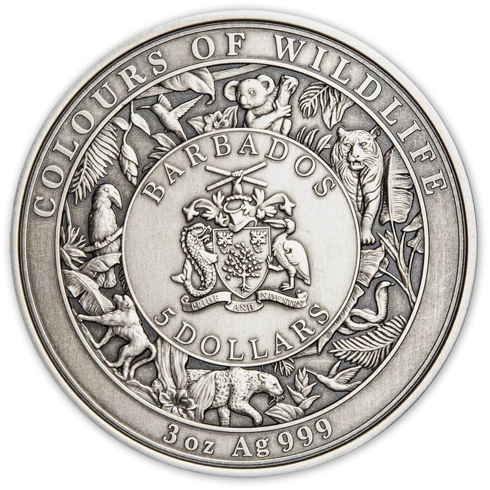 (W022.5.D.2023.3.oz.Ag.5) 5 Dollars Barbados 2023 3 oz Antique silver - Sloth Obverse (zoom)