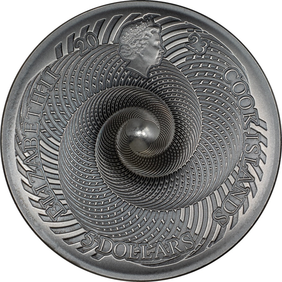 (W099.5.D.2023.30051) Cook Islands 5 Dollars Spinning coin 2023 - Antique silver Obverse (zoom)
