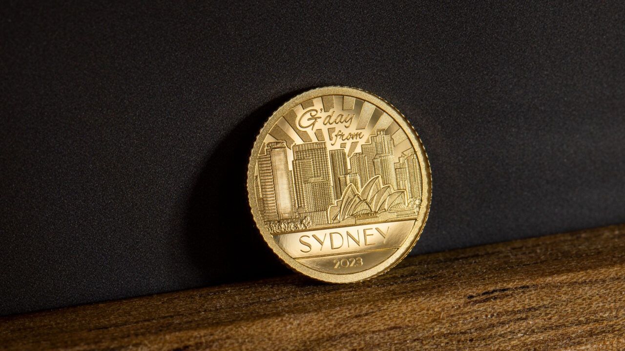 (W099.5.D.2023.30280) Cook Islands 5 Dollars Sydney 2023 - Proof gold (blog illustration) (zoom)