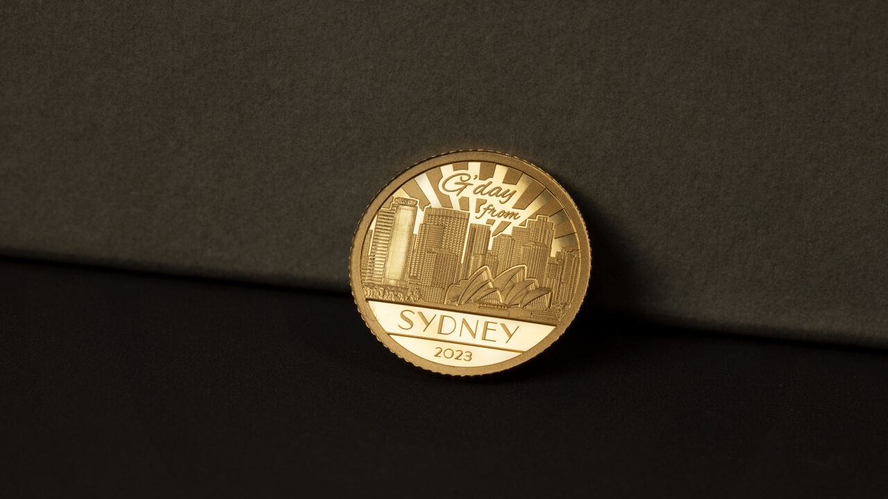 (W099.5.D.2023.30280) Cook Islands 5 $ Sydney 2023 - Proof Au (blog illustration) (zoom)