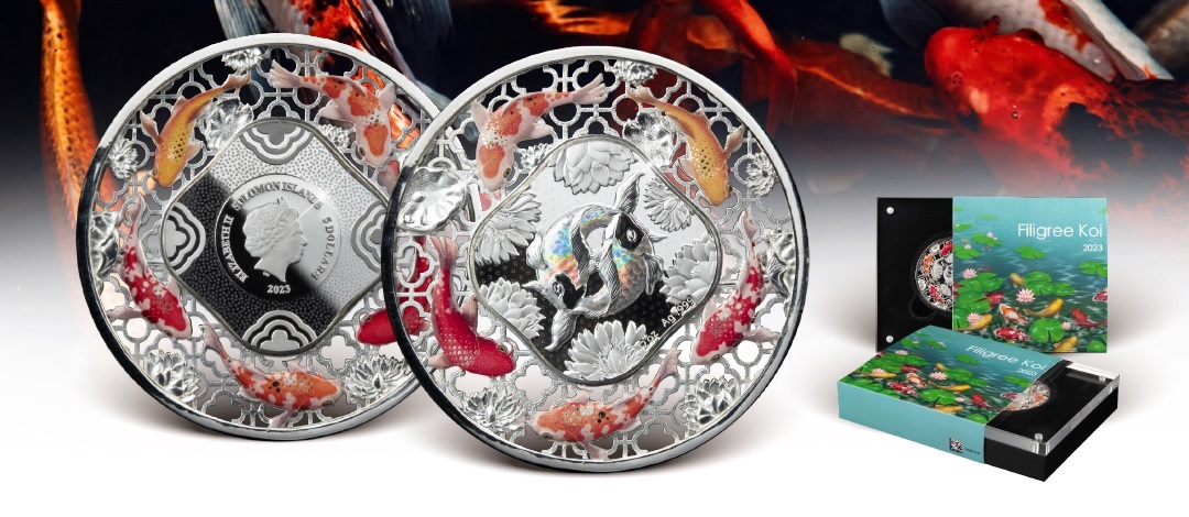 (W106.5.D.2023.2.oz.Ag.1) 5 Dollars Solomon Islands 2023 2 oz Proof silver - Filigree Koi (blog illustration) (zoom)