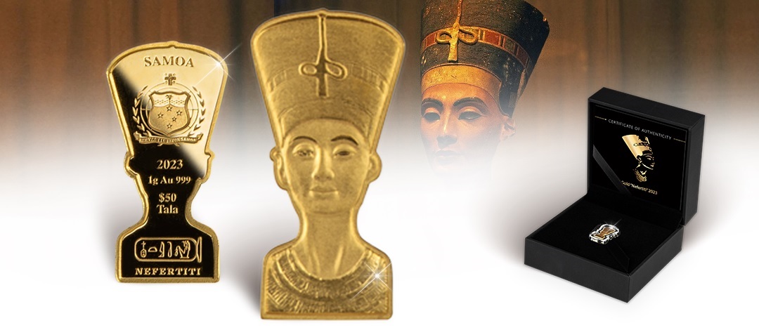 (W193.1.50.Tala.2023.1.g.Au.1) 50 Tala Samoa 2023 1 gram Proof gold - Nefertiti (blog illustration) (zoom)