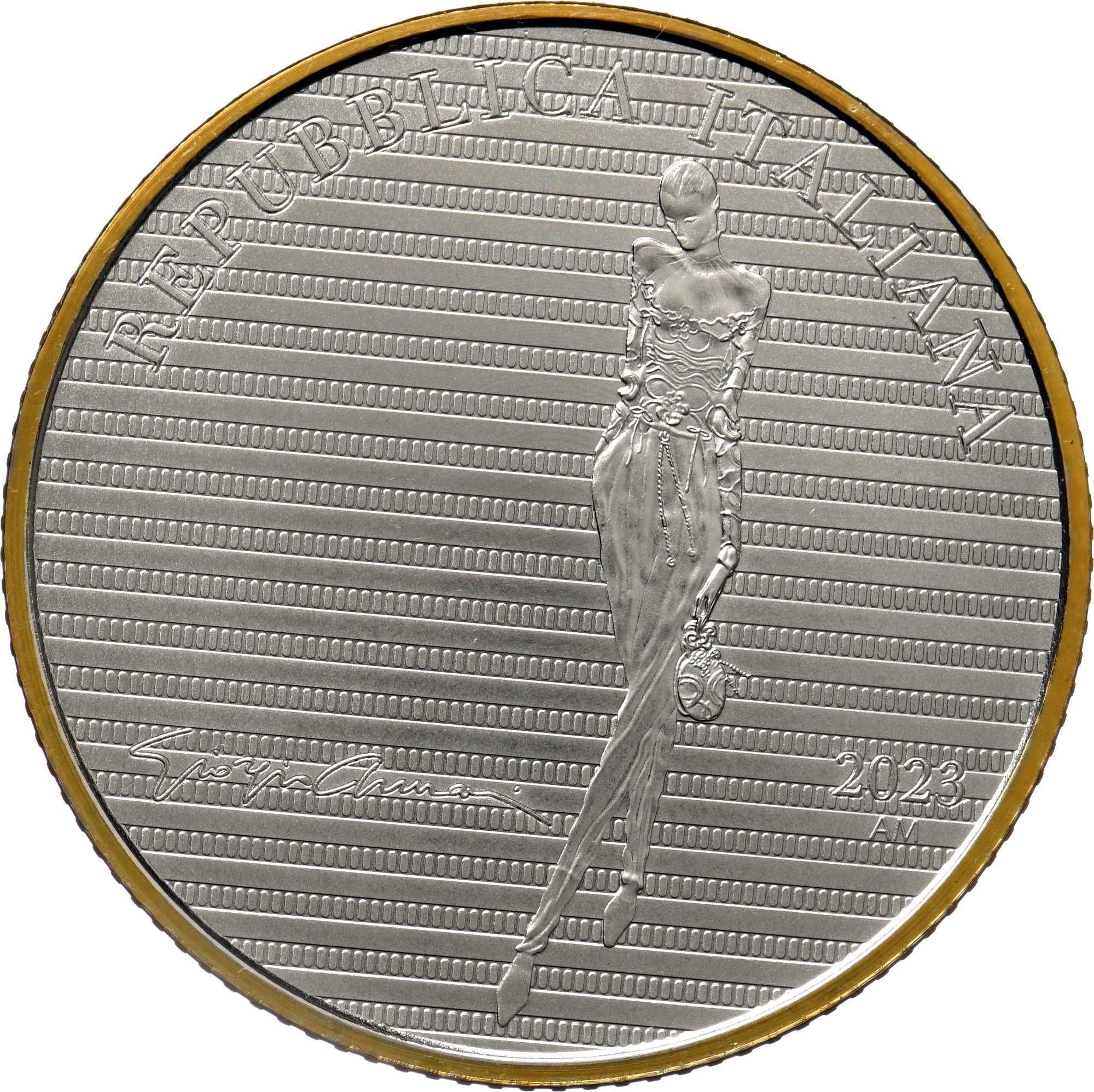 (EUR10.BU.set.2023.48-2ms10-23f008) Triptych 5 € Italy 2023 BU silver - Giorgio Armani (obverse first coin) (zoom)