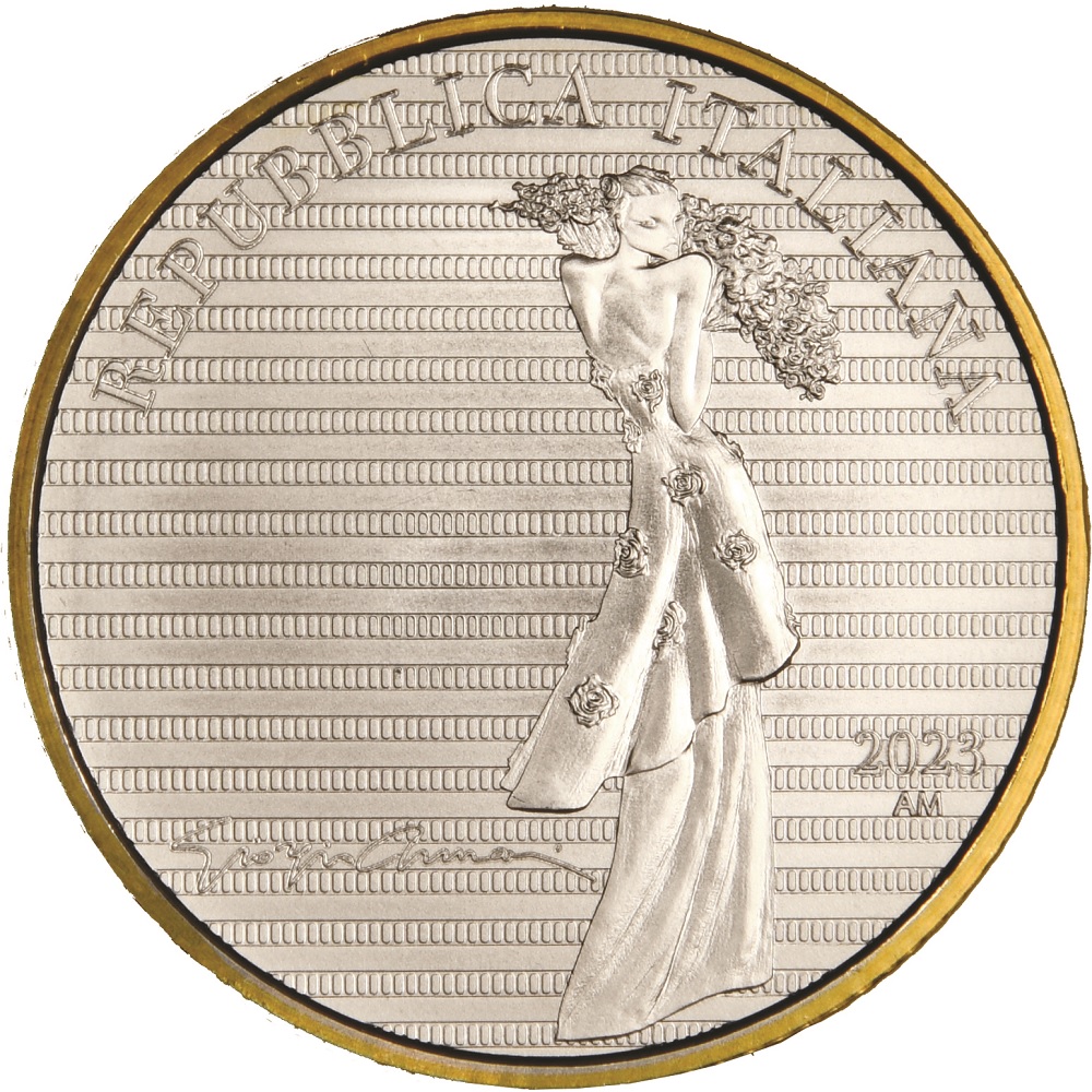 (EUR10.BU.set.2023.48-2ms10-23f008) Triptych 5 € Italy 2023 BU silver - Giorgio Armani (obverse second coin) (zoom)