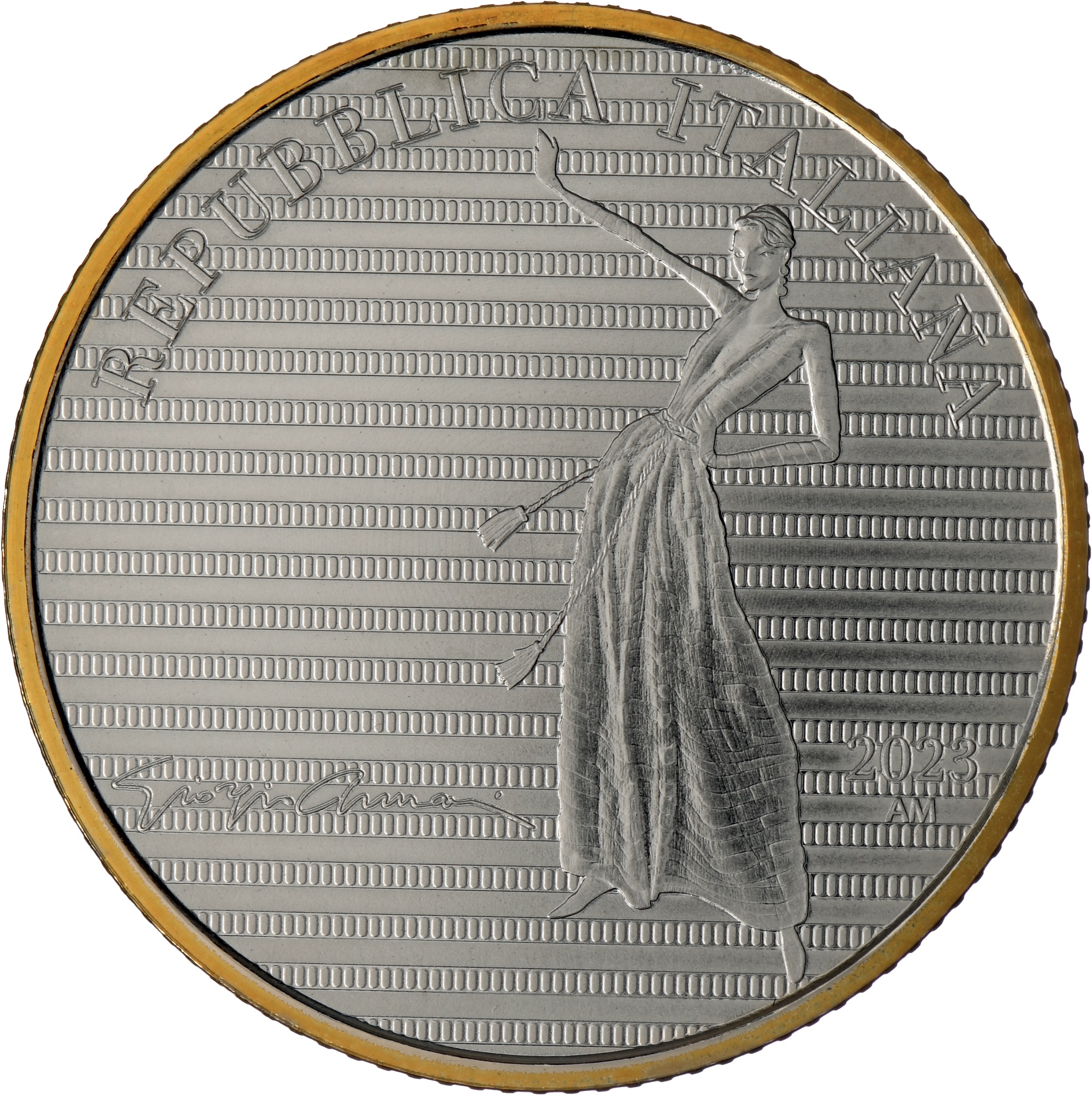 (EUR10.BU.set.2023.48-2ms10-23f008) Triptych 5 € Italy 2023 BU silver - Giorgio Armani (obverse third coin) (zoom)