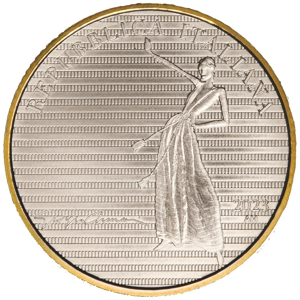 (EUR10.BU.set.2023.48-2ms10-23f008) Triptych 5 euro Italy 2023 BU silver - Giorgio Armani (obverse third coin) (zoom)