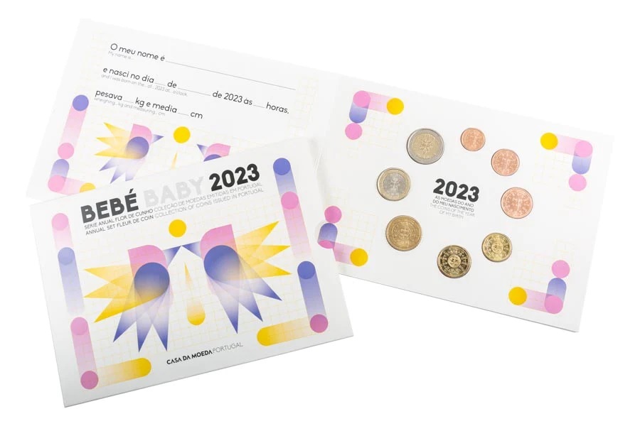 (EUR15.FDC.set.2023.1024016) Uncirculated coin set Portugal 2023 - Baby birth (open) (zoom)