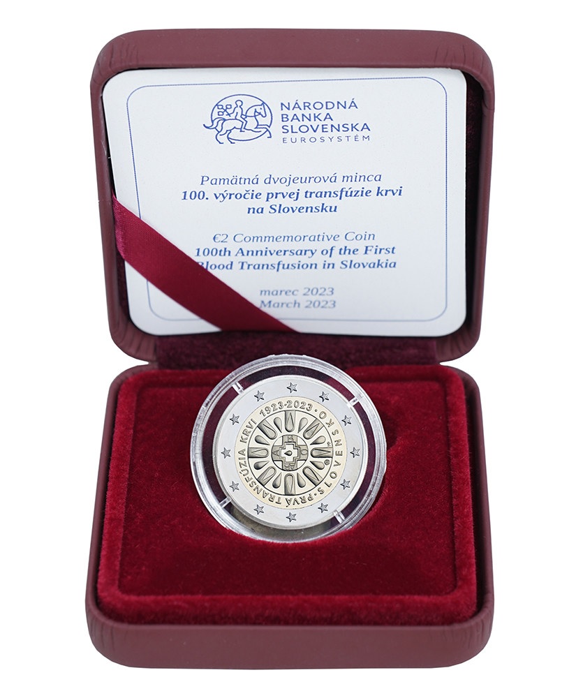 (EUR17.Proof.2023.501490) 2 euro Slovakia 2023 Proof - First blood transfusion in Slovakia (case) (zoom)
