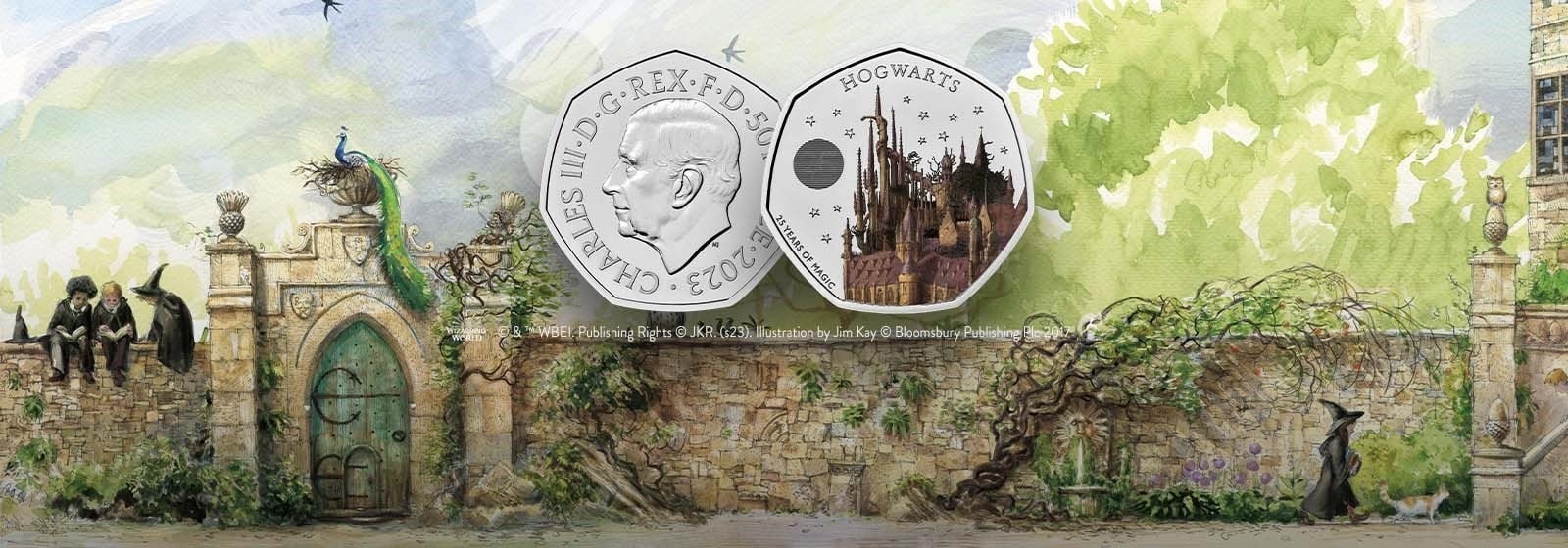 (W185.50.P.2023.UK23HSBC) United Kingdom 50 Pence Harry Potter (Hogwarts) 2023 BU (coloured) (blog) (zoom)