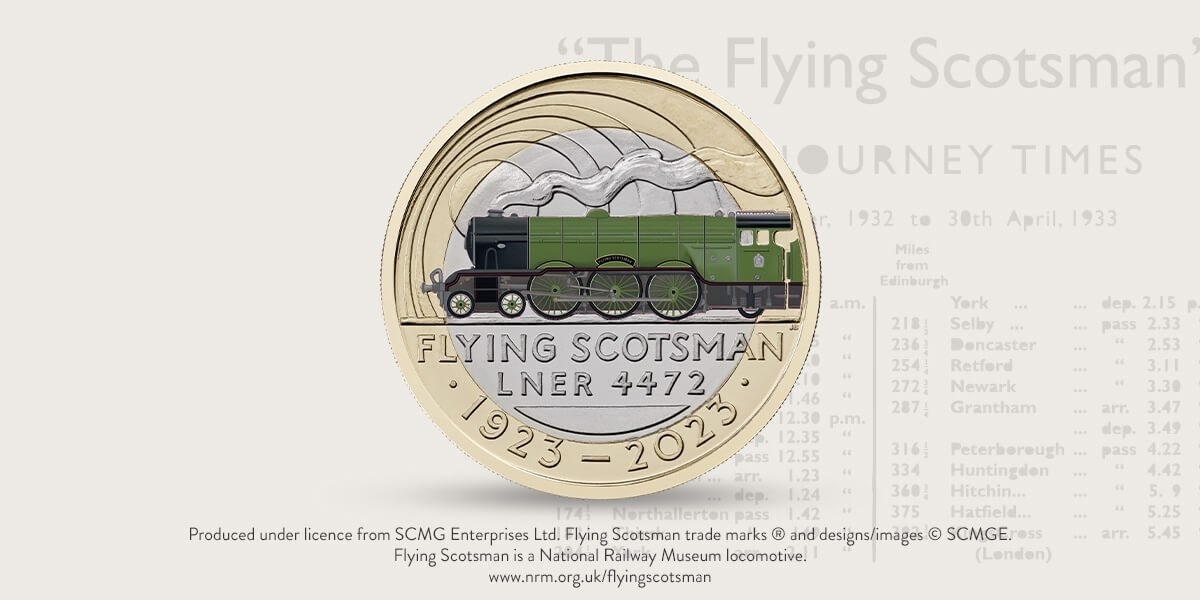 Royal Mint The Centenary of Flying Scotsman 2023 (shop illustration) (zoom)