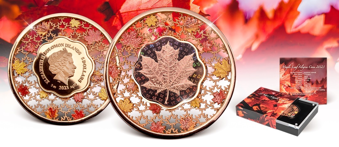 (W106.5.D.2023.2.oz.Ag.2) 5 $ Solomon Islands 2023 2 oz Proof silver - Filigree Maple Leaf (blog illustration) (zoom)