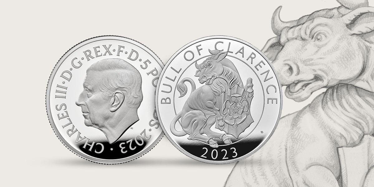 (W185.5.P.2023.UK23BCS2) 5 Pounds UK 2023 2 oz Proof silver - The Bull of Clarence (blog illustration) (zoom)