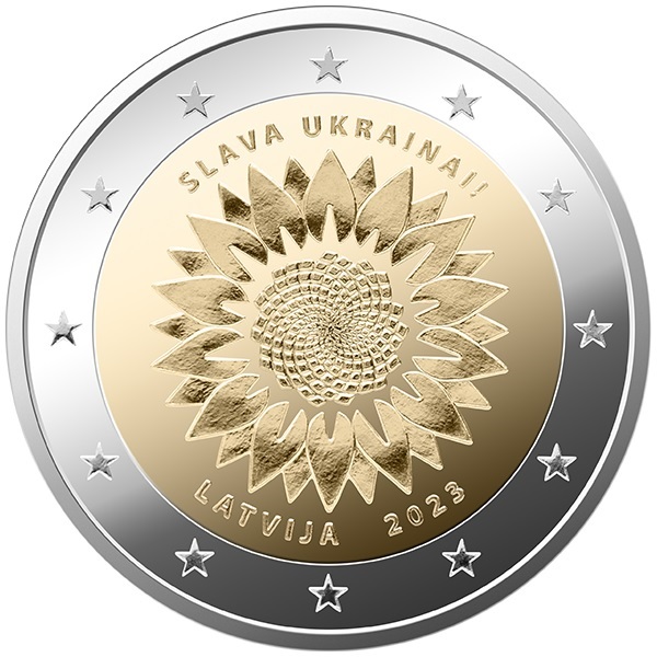 (EUR21.BU.2023.2.E.1) 2 euro Latvia 2023 BU - Sunflower for Ukraine Obverse (zoom)