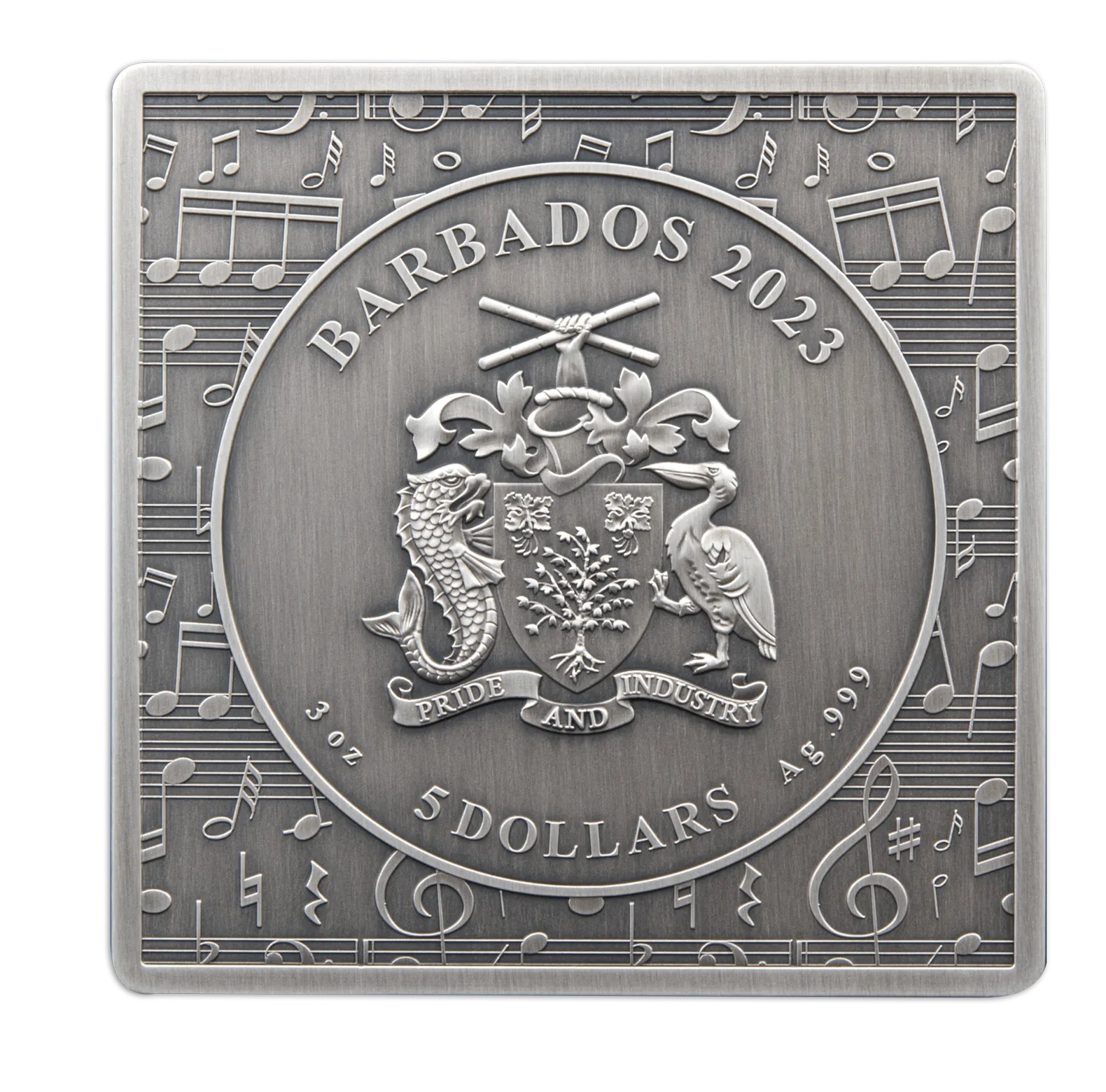 (W022.5.D.2023.3.oz.Ag.7) 5 Dollars Barbados 2023 3 oz Antique silver - Vinyl records Obverse (zoom)