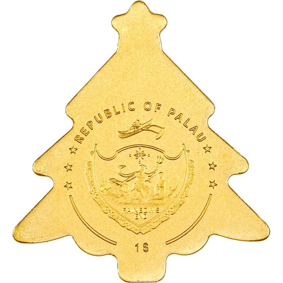 (W168.1.1.D.n.d._2023_.30398) Palau 1 Dollar Christmas Tree (2023) - Silk finish gold Obverse (zoom)