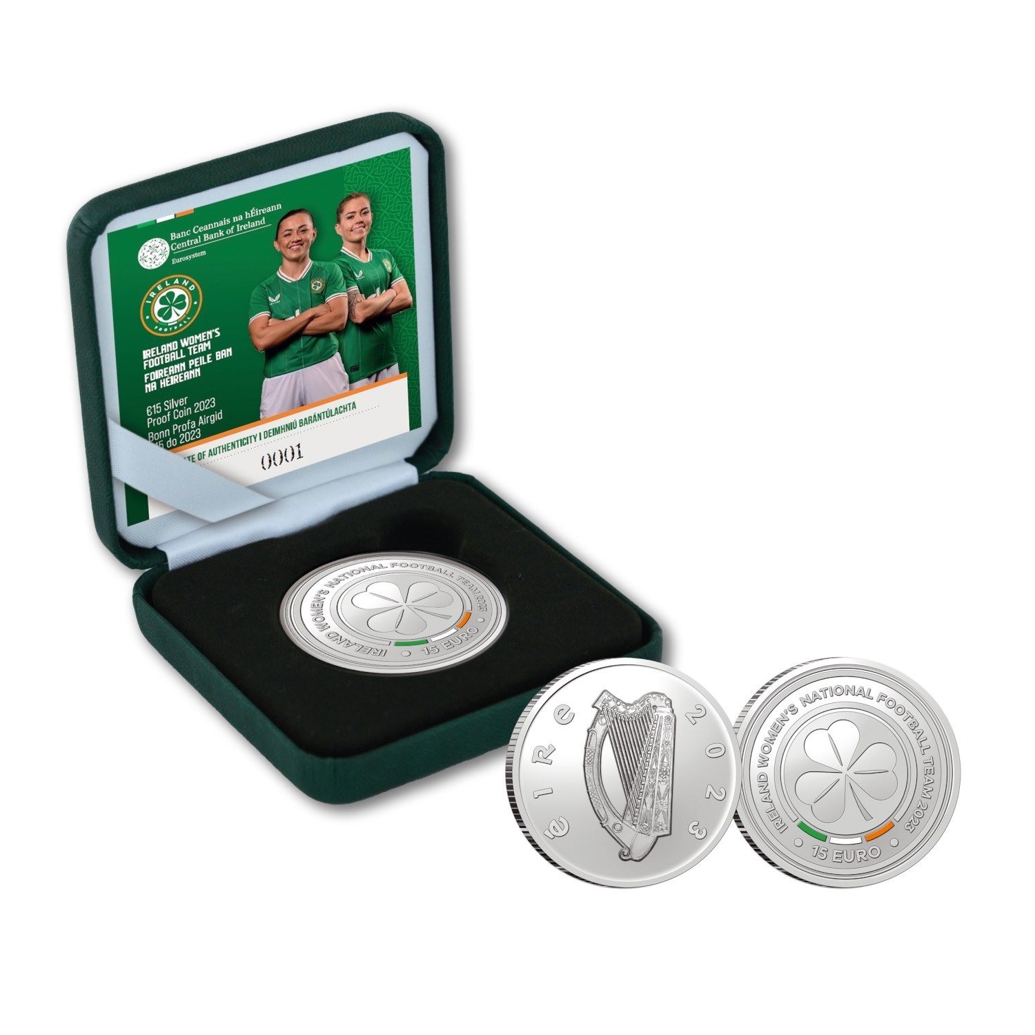 (EUR09.Proof.2023.IE2410) 15 € Ireland 2023 Proof Ag - Ireland Women s football team (case and certificate) (zoom)