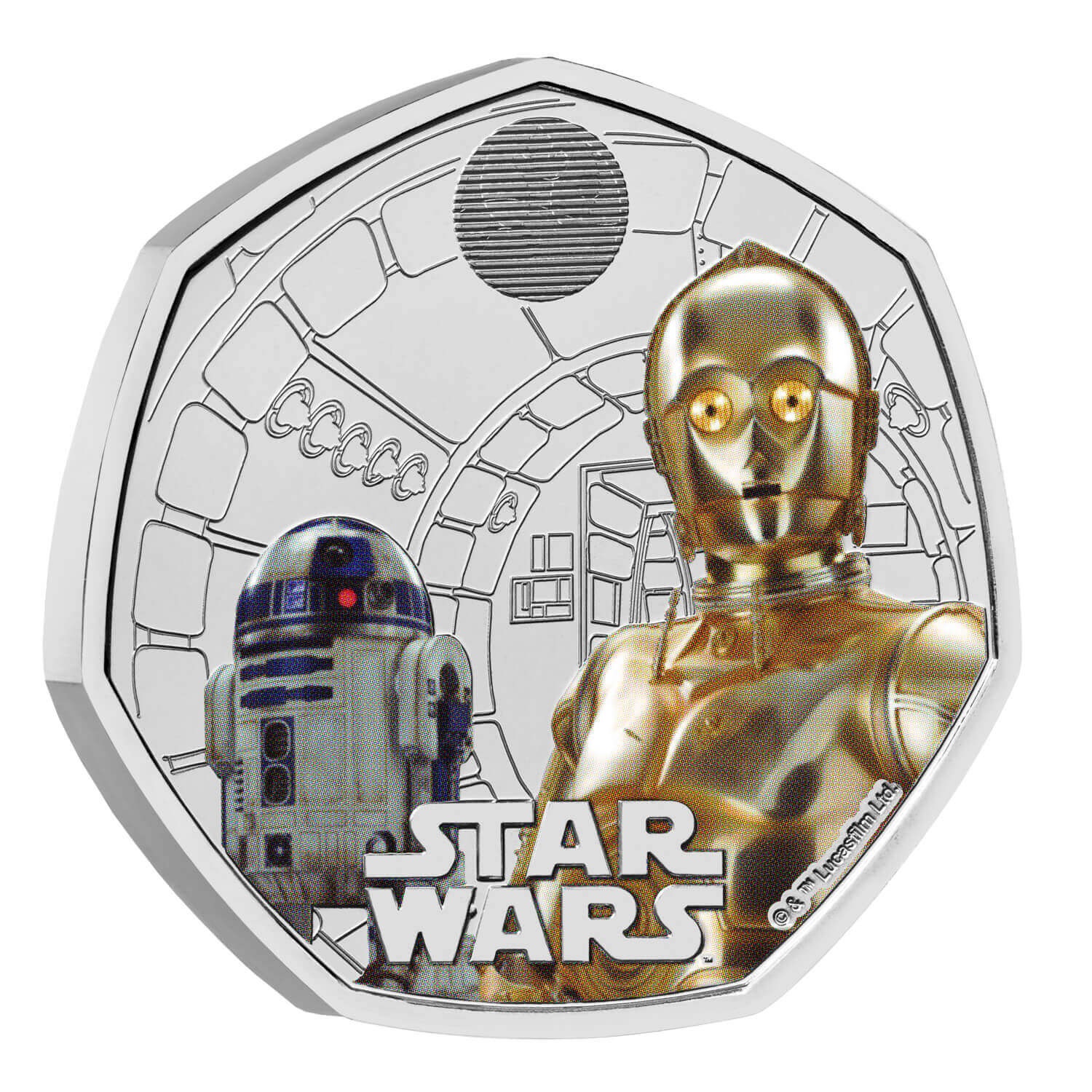 (W185.50.P.2023.UK23R2BC) United Kingdom 50 Pence Star Wars (R2-D2 and C3PO) 2023 BU (coloured) Reverse (zoom)