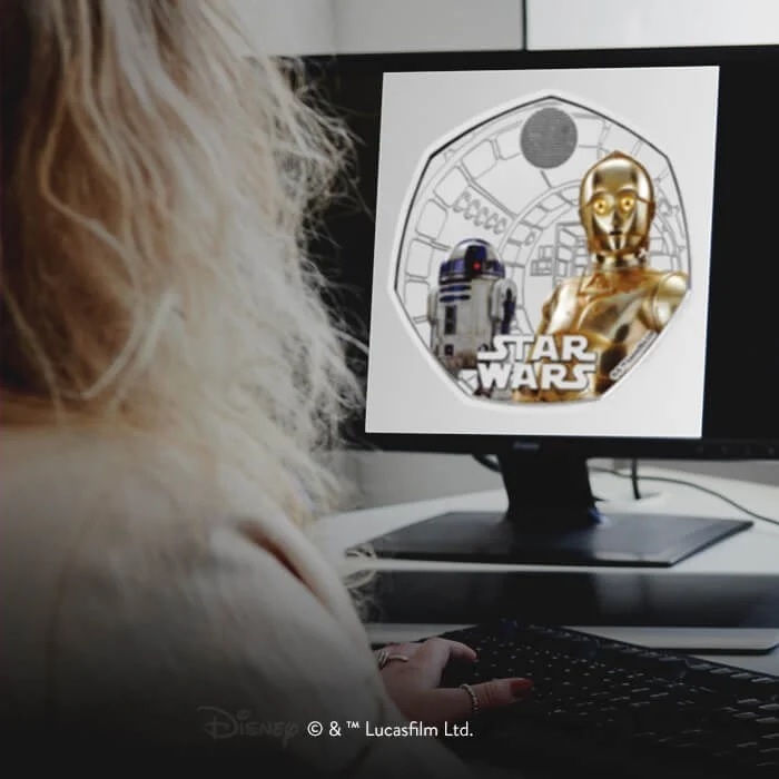 (W185.50.P.2023.UK23R2SC) UK 50 Pence Star Wars (R2-D2 and C3PO) 2023 - Proof silver (blog illustration) (zoom)