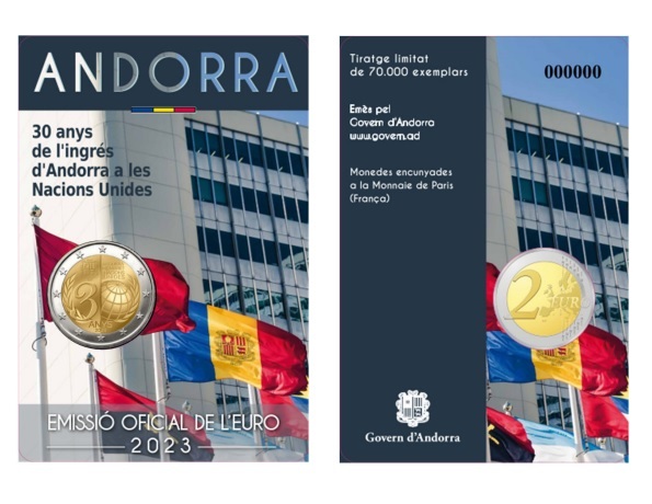 2 € commemorative coin Andorra 2023 BU - 30 years of the admission of Andorra to membership in the UN (packaging) (zoom)