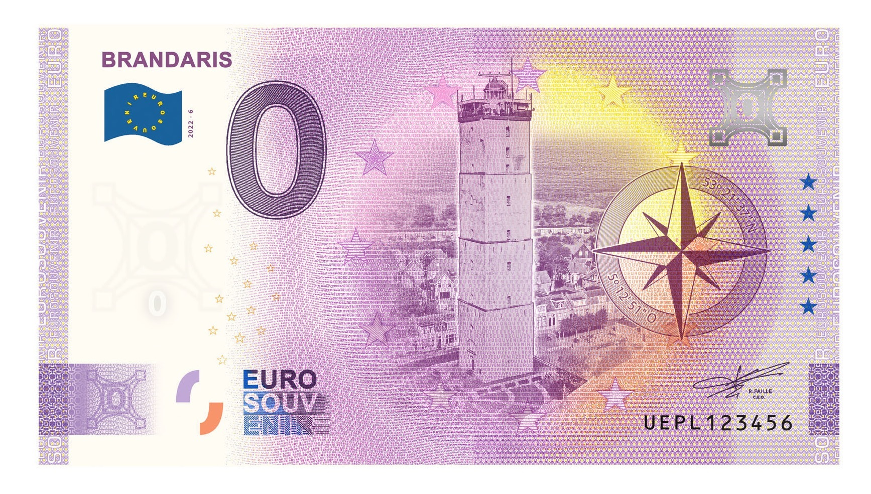 (EURBILLS.0.euro.2023.RF.E.368898) 0 euro banknote Netherlands 2023 - Brandaris Lighthouse Front (zoom)
