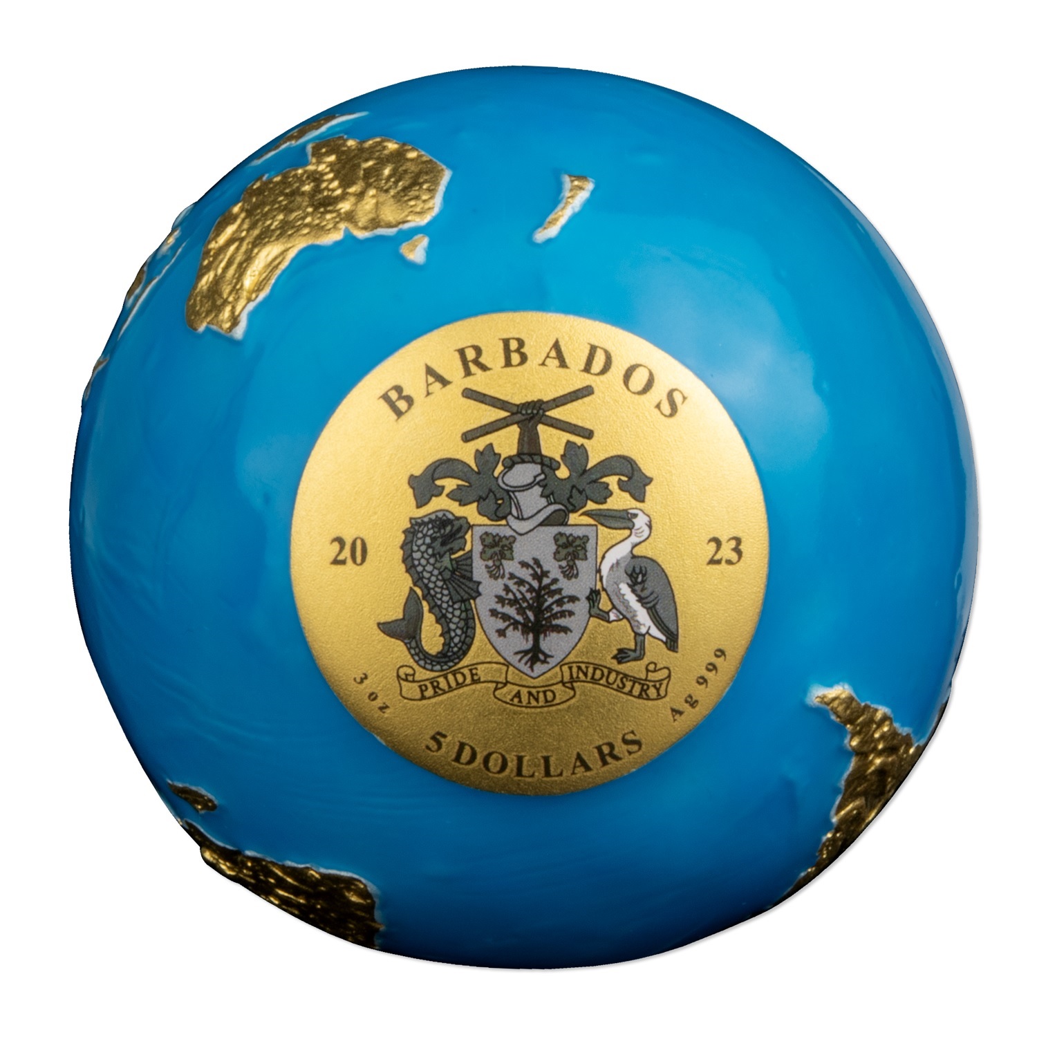 (W022.5.D.2023.3.oz.Ag.8) 5 Dollars Barbados 2023 3 oz BU silver - Glow-in-the-dark Blue Marble (gilded) (face value) (zoom)