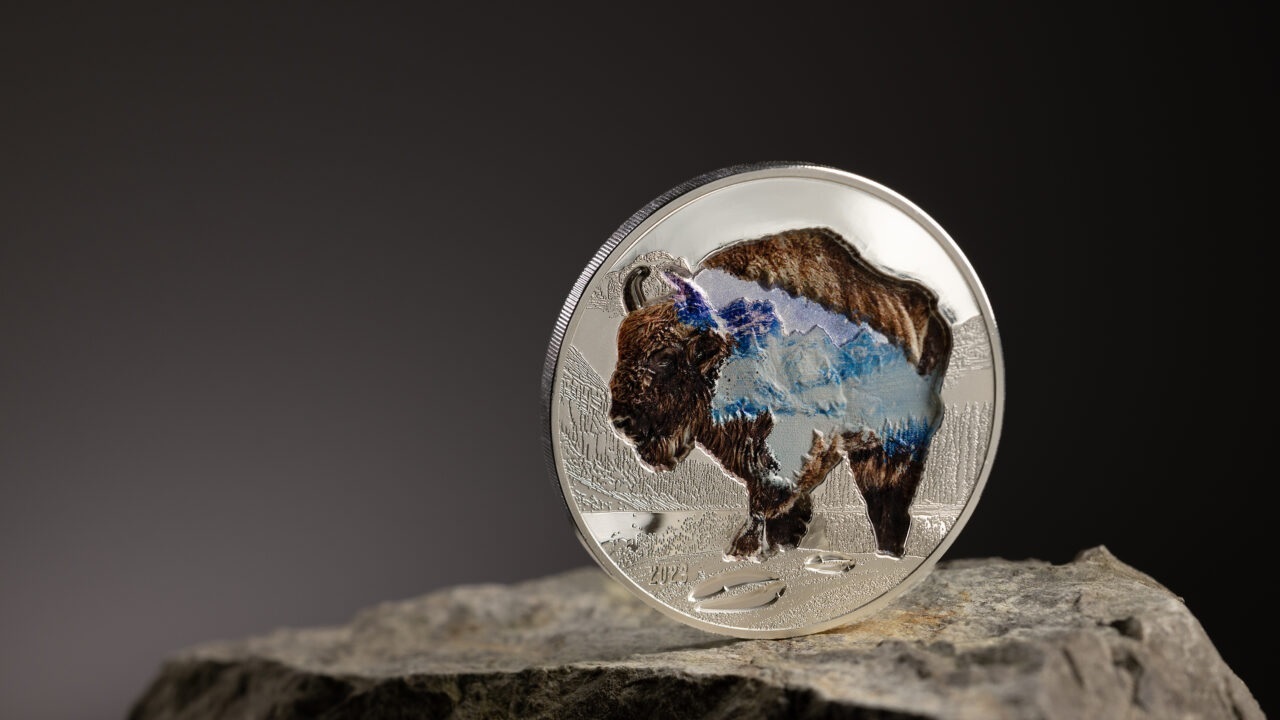 (W151.1000.Tögrög.2023.30402) 1000 Tögrög Mongolia 2023 2 oz Proof silver - Bison (blog illustration) (zoom)