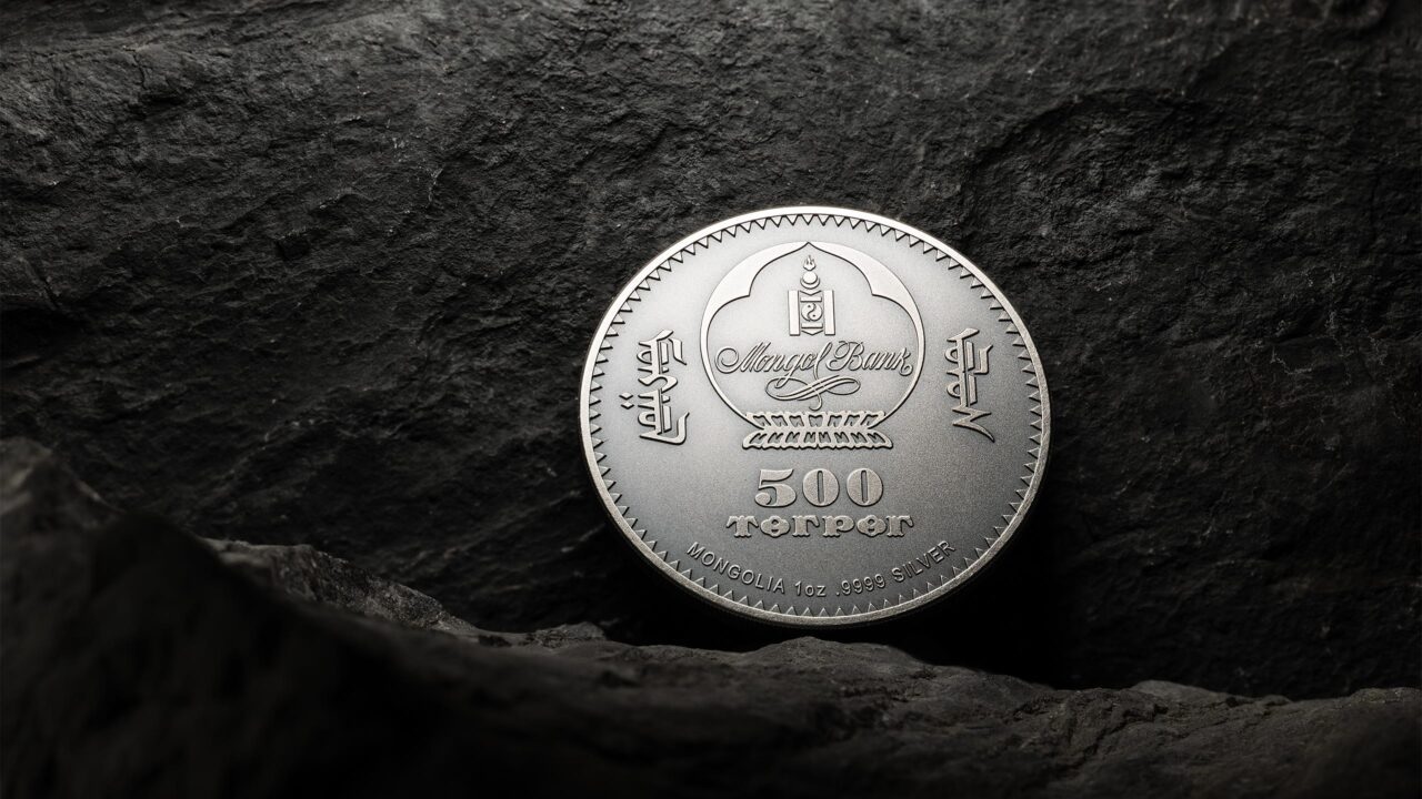 (W151.500.Tögrög.2023.30415) 500 Tögrög Mongolia 2023 1 ounce Antique silver - Nimravidae (blog) (zoom)