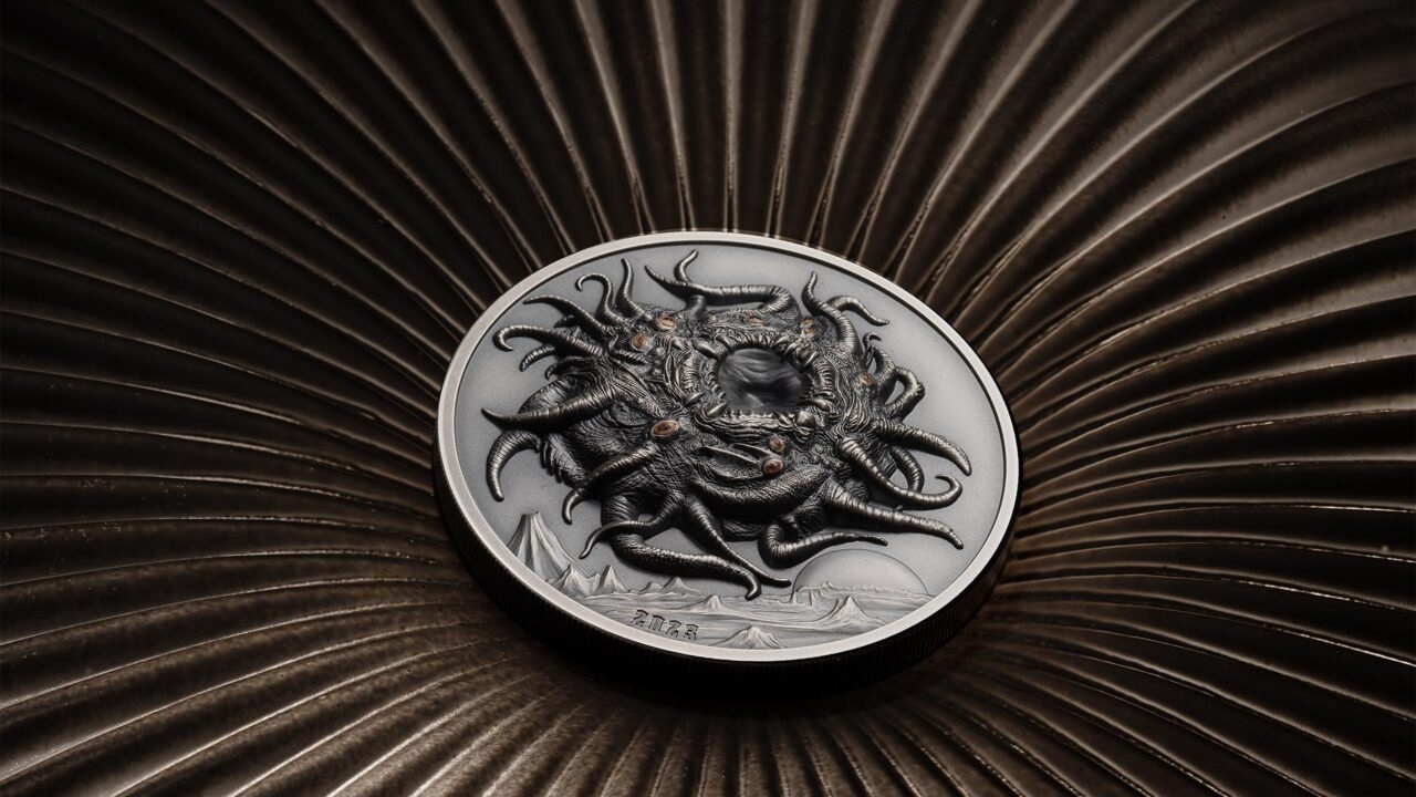 (W168.1.20.D.2023.30401) Palau 20 $ Azathoth, by H.P. Lovecraft 2023 - Antique silver (blog illustration) (zoom)