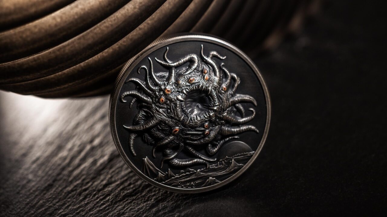 (W168.1.20.D.2023.30401) Palau 20 Dollars Azathoth, by H.P. Lovecraft 2023 - Antique silver (blog illustration) (zoom)