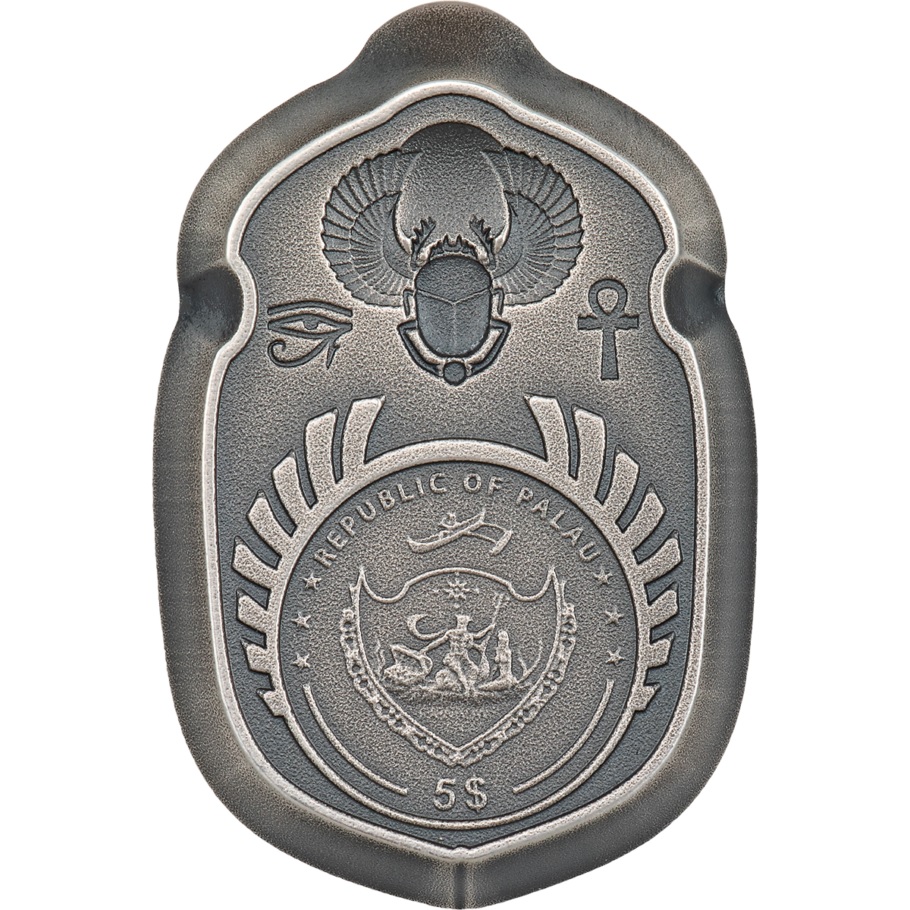 (W168.1.5.D.2023.30369) Palau 5 Dollars Scarab of Cheops 2023 - Antique silver Obverse (zoom)