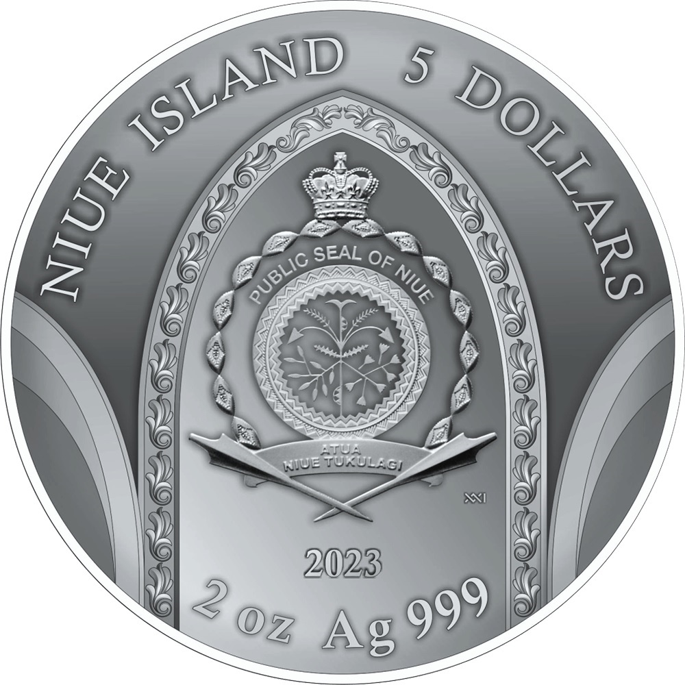 (W160.5.D.2023.2.oz.Ag.4) 5 Dollars Niue 2023 2 oz Antique silver - Mont Saint-Michel Abbey 500th anniversary Obverse (zoom)