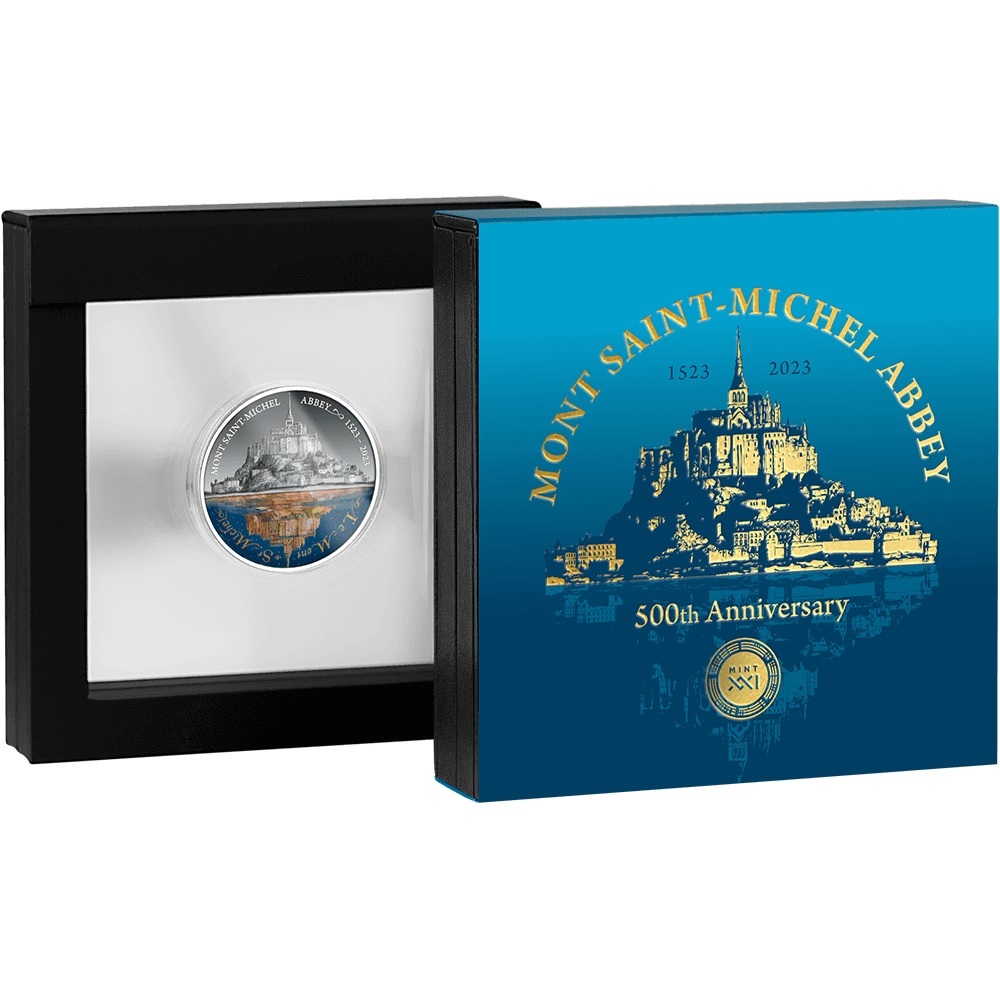 (W160.5.D.2023.2.oz.Ag.4) 5 $ Niue 2023 2 oz Antique Ag - Mont Saint-Michel Abbey 500th anniversary (packaging) (zoom)