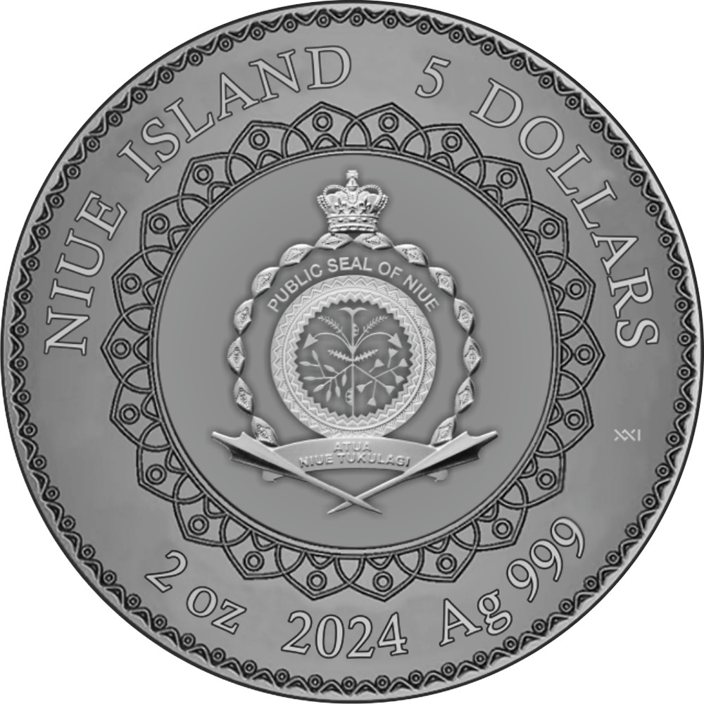 (W160.5.D.2024.2.oz.Ag.1) 5 Dollars Niue 2024 2 oz Antique silver - Dragon Obverse (zoom)