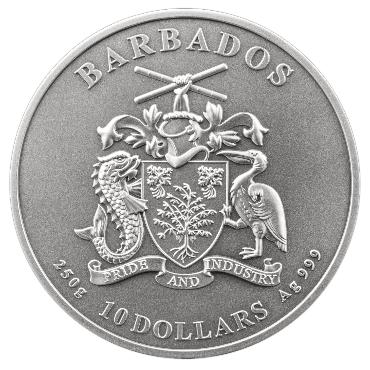 (W022.10.D.2023.250.g.Ag.1567690110) 10 Dollars Barbados 2023 250 grams Antique silver - Boston Tea Party Obverse (zoom)