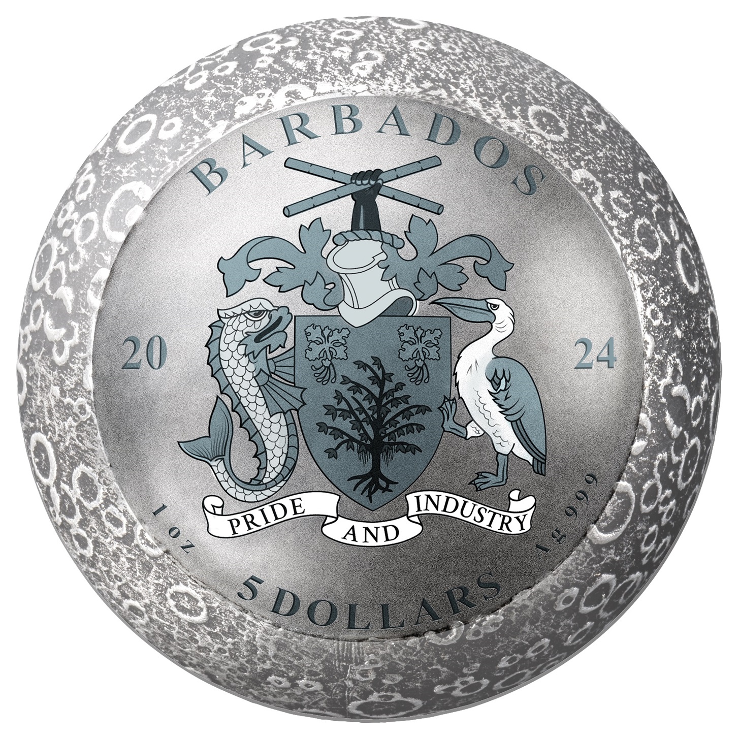 (W022.5.D.2024.1.oz.Ag.1559590112) 5 Dollars Barbados 2024 1 oz Antique silver - Moon landing (face value) (zoom)