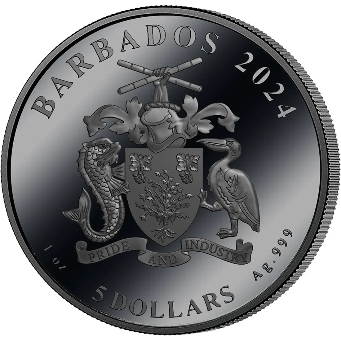 (W022.5.D.2024.1.oz.Ag.1567440110) 5 Dollars Barbados 2024 1 oz Black Proof silver - First man on the Moon Obverse (zoom)