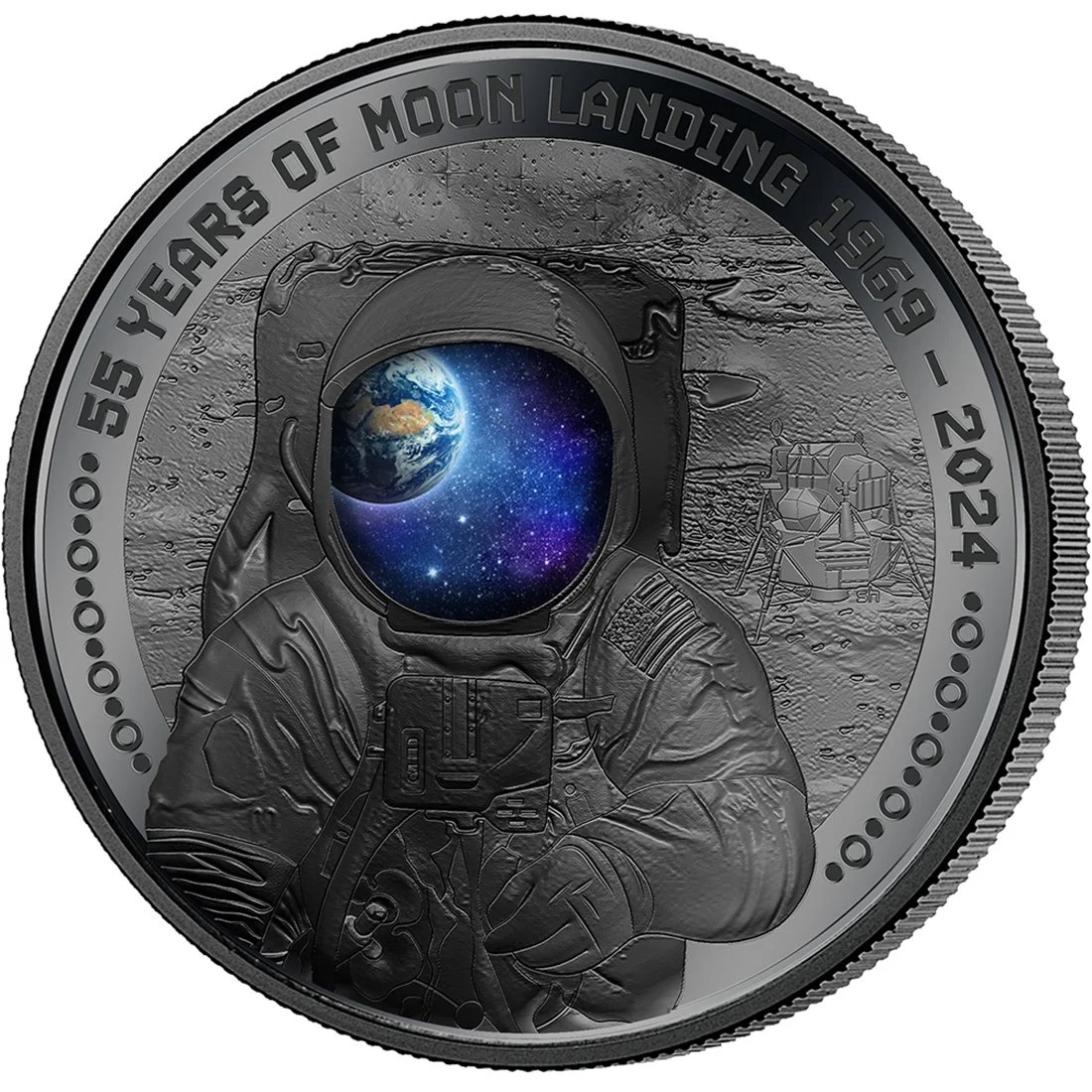 (W022.5.D.2024.1.oz.Ag.1567440110) 5 Dollars Barbados 2024 1 oz Black Proof silver - First man on the Moon Reverse (zoom)