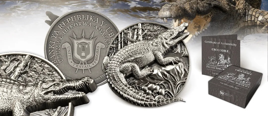 (W034.100.F.2023.5.oz.Ag.1537950115) 100 Francs Burundi 2023 5 oz Antique silver - Crocodile (blog) (zoom)