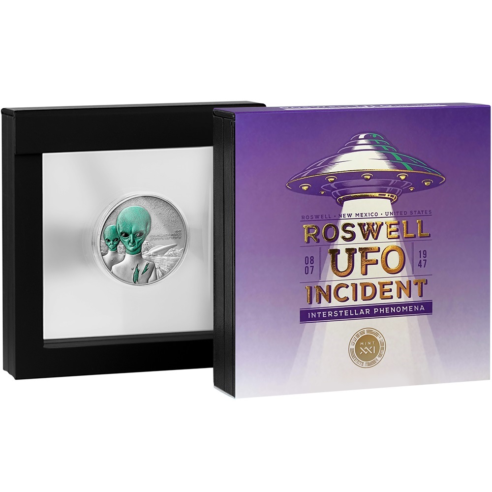 (W036.2000.CFA.2024.2.oz.Ag.2) 2000 Francs CFA Cameroon 2024 2 oz Antique silver - Roswell UFO Incident (packaging) (zoom)