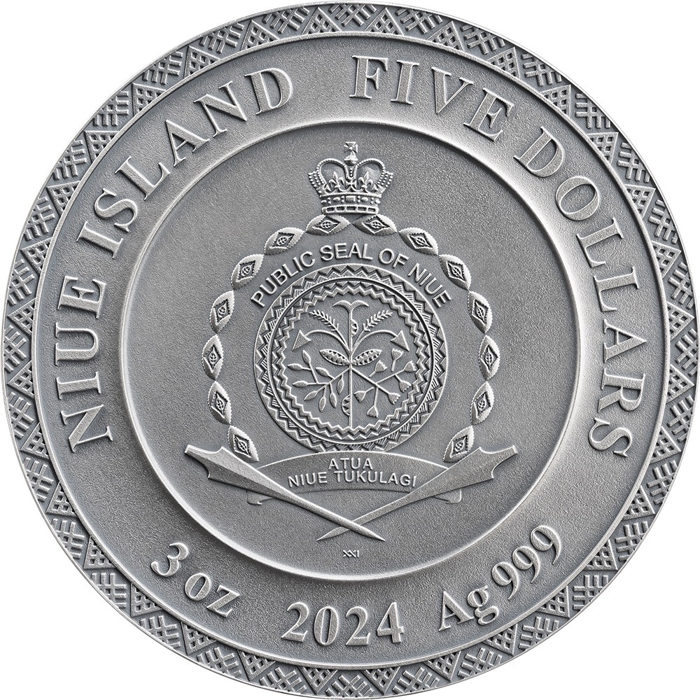 (W160.5.D.2024.3.oz.Ag.1) 5 Dollars Niue 2024 3 oz Antique silver - Dazhbog Obverse (zoom)