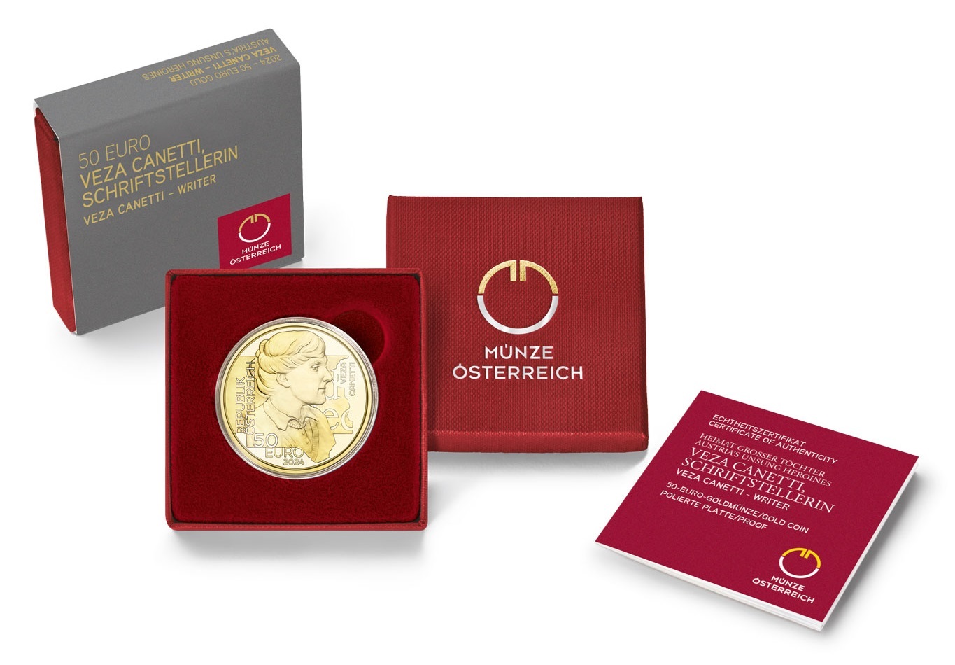 (EUR01.Proof.2024.26789) 50 euro Austria 2024 Proof gold - Veza Canetti (packaging) (zoom)