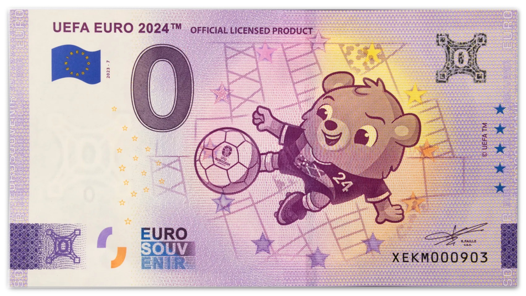 (EURBILLS.0.euro.2024.1.RF.E.XEKM.3) 0 euro banknote Germany 2024 - UEFA Euro, Germany 2024 (mascot) Front (zoom)