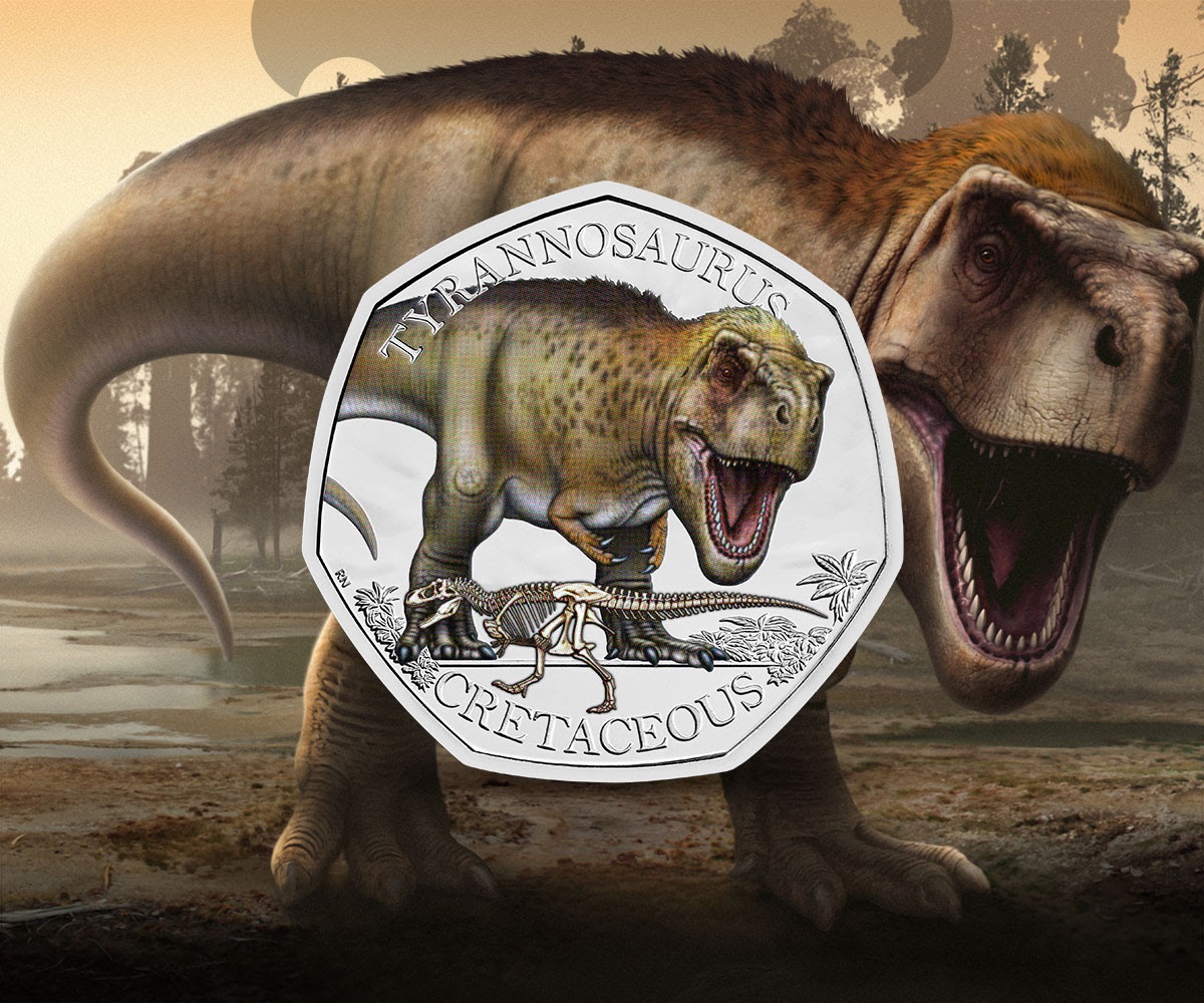 (W185.50.P.2024.UK24TRSPC) UK 50 Pence Tyrannosaurus 2024 - Proof silver (coloured) (blog) (zoom)