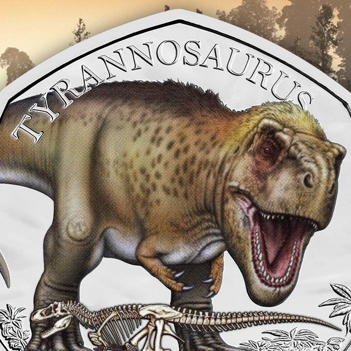 (W185.50.P.2024.UK24TRSPC) United Kingdom 50 Pence Tyrannosaurus 2024 - Proof silver (coloured) (blog) (zoom)