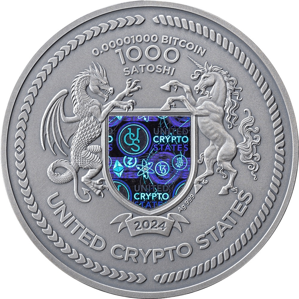 (W071.1.1000.S.2024.1) United Crypto States 1000 Satoshi Binary Bull 2024 - Antique silver Obverse (zoom)
