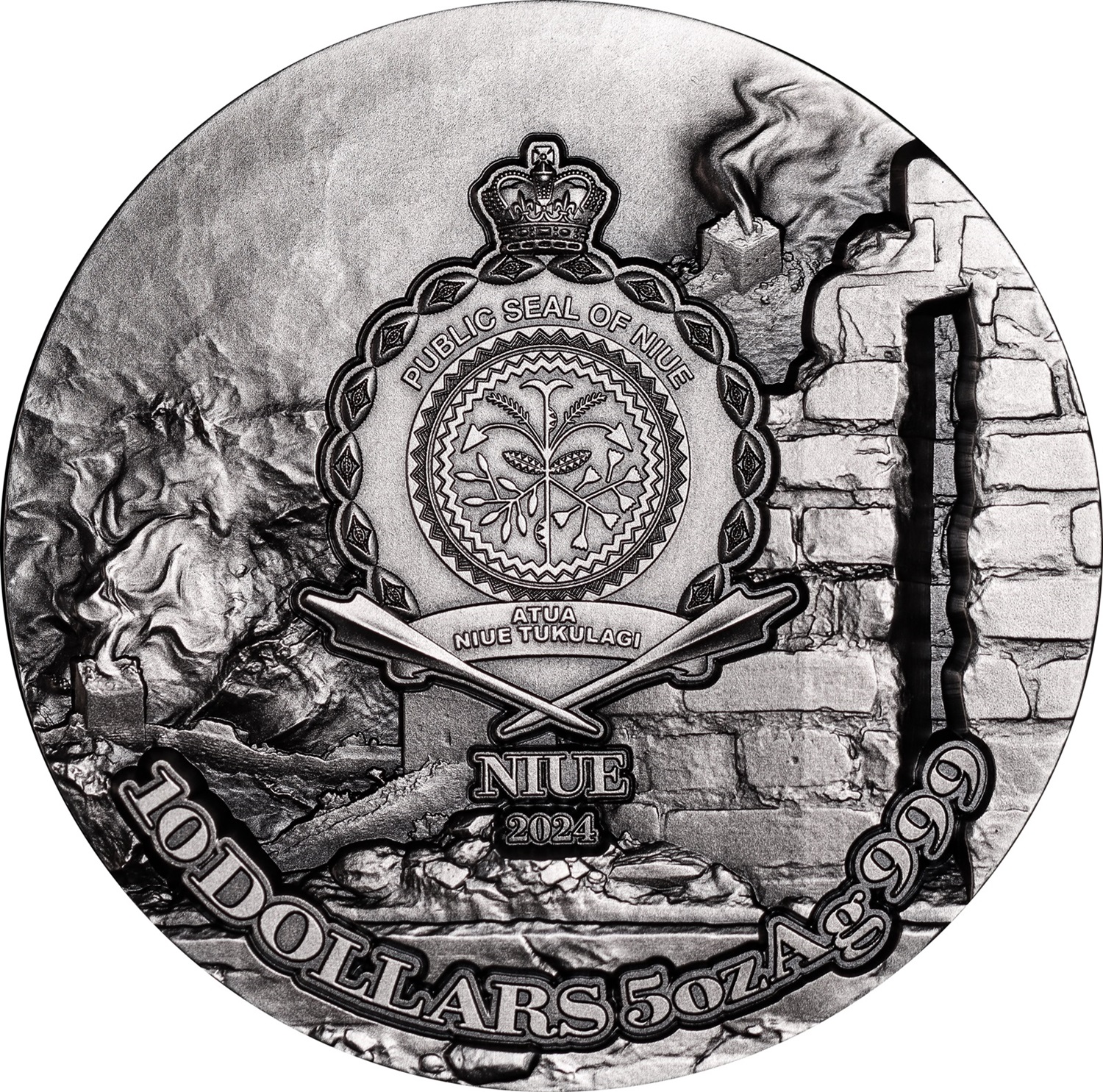 (W160.10.D.2024.5.oz.Ag.2) 10 Dollars Niue 2024 5 oz Antique silver - Dragon Awakening & The Great Wall Obverse (zoom)