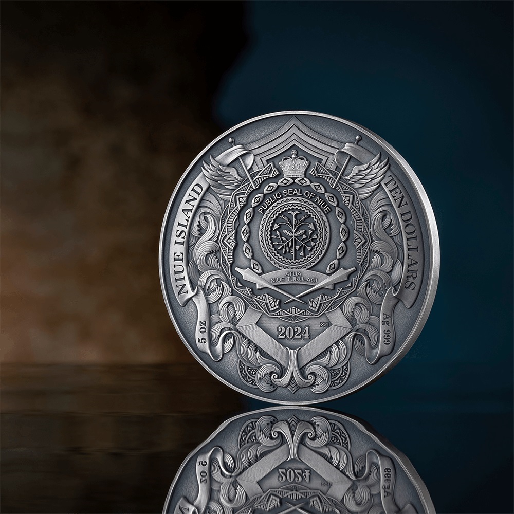 (W160.10.D.2024.5.oz.Ag.3) 10 Dollars Niue 2024 5 ounces Antique silver - St. Michael The Patron of Kyiv Obverse (zoom)