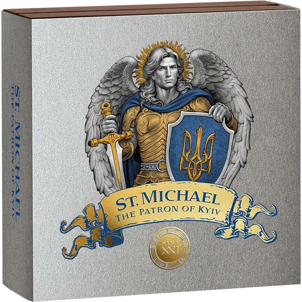 (W160.10.D.2024.5.oz.Ag.3) 10 Dollars Niue 2024 5 oz Antique Ag - St. Michael The Patron of Kyiv (box) (zoom)