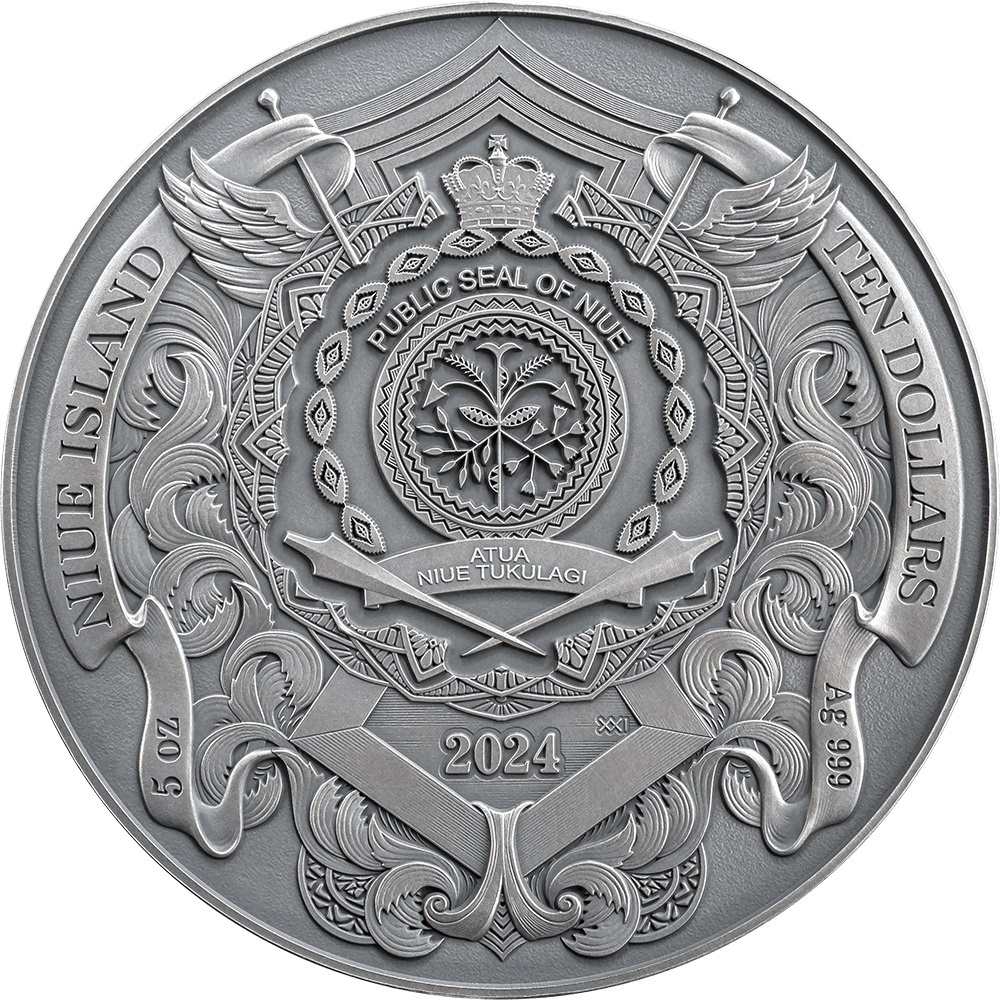(W160.10.D.2024.5.oz.Ag.3) 10 Dollars Niue 2024 5 oz Antique silver - St. Michael The Patron of Kyiv Obverse (zoom)